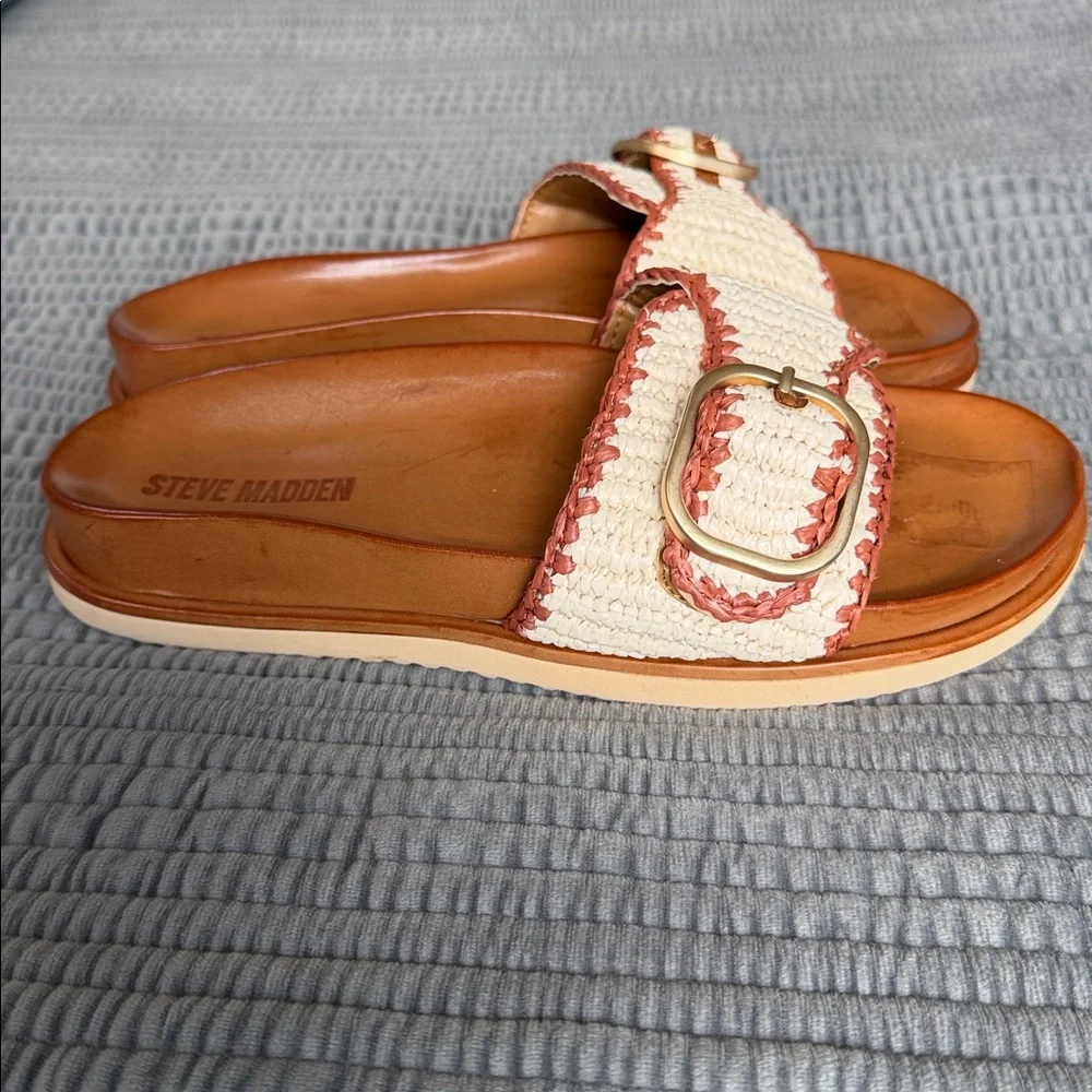Steve Madden Tan Leather and Cream Woven Buckle Slide Sandals